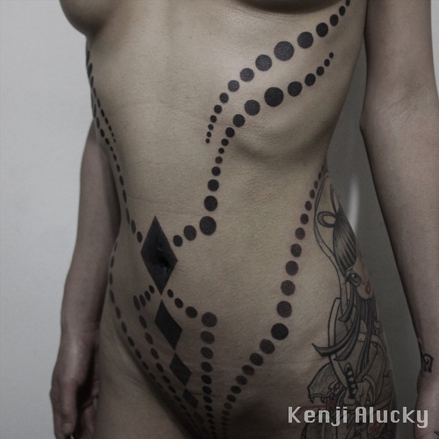 Black Dots and Rhombuses Blackwork Stomach tattoo by Kenji Alucky