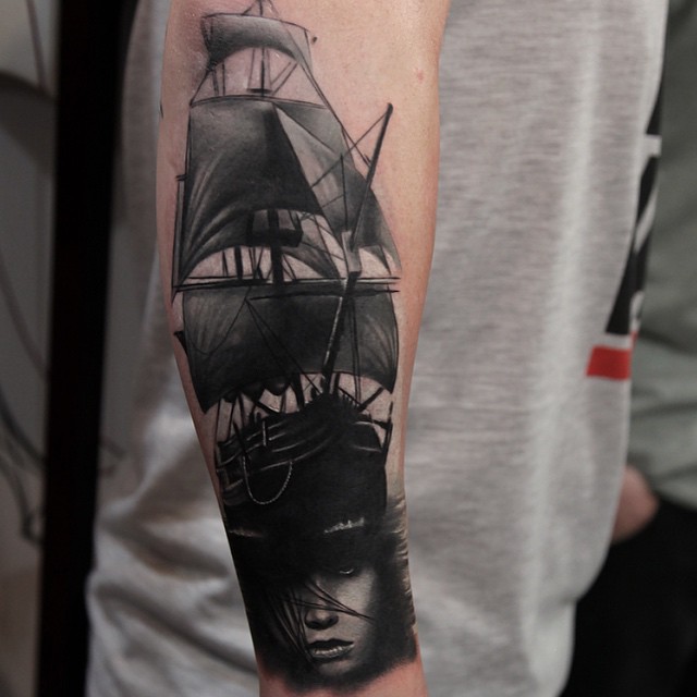 Black Sail to Your Girl Ship Nautical tattoo by Rich Pineda
