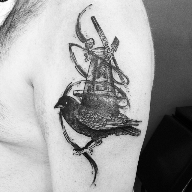Paintbrush Bird Mill Shoulder tattoo