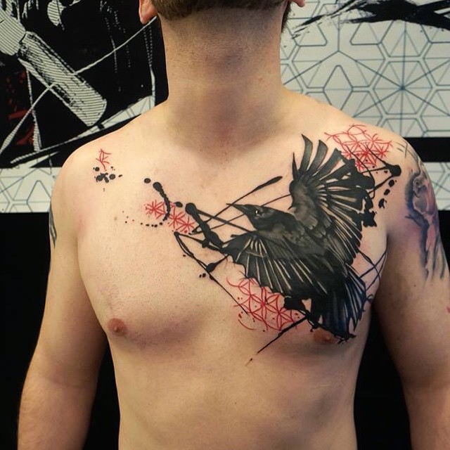Raven Trash Polka Chest tattoo