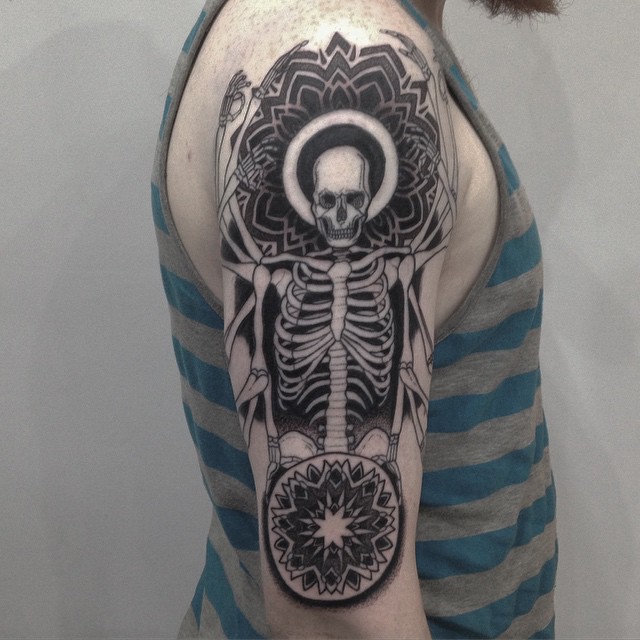 Skeleton on Shoulder Dotwork tattoo
