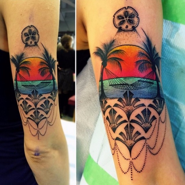 Sunset Beach tattoo by Katie Shocrylas