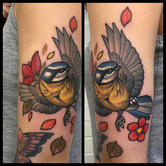 Wide Wings Titmouse tattoo by Mitchell Allenden