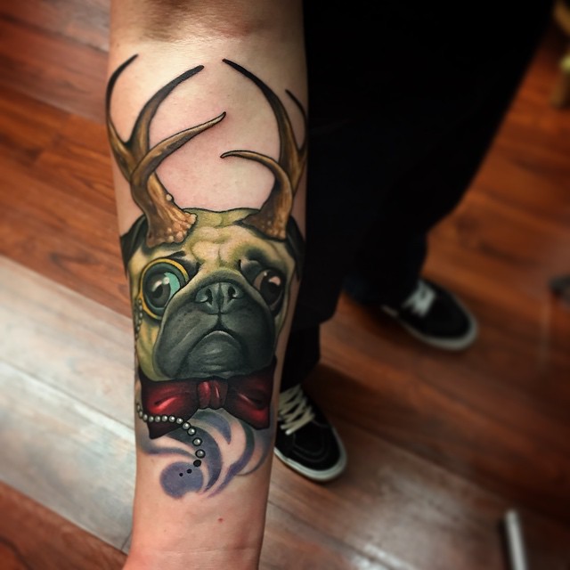 Antlers Pug tattoo