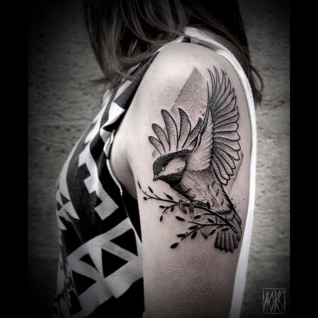 Dotwork Brunch Holding Sparrow tattoo