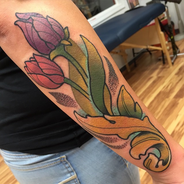 Dotwork Leaf Tulips tattoo