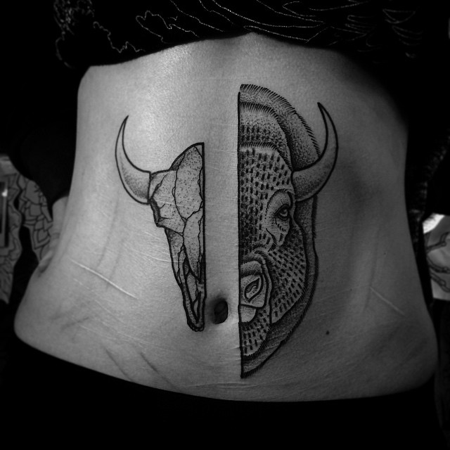 Half Skull Half Buffalo tattoo