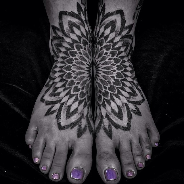 Matching Mandala Dotwork tattoos on feet