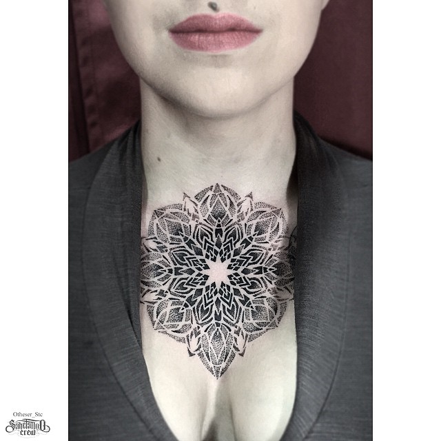 Neck Chest Mandala Dotwork tattoo for girl