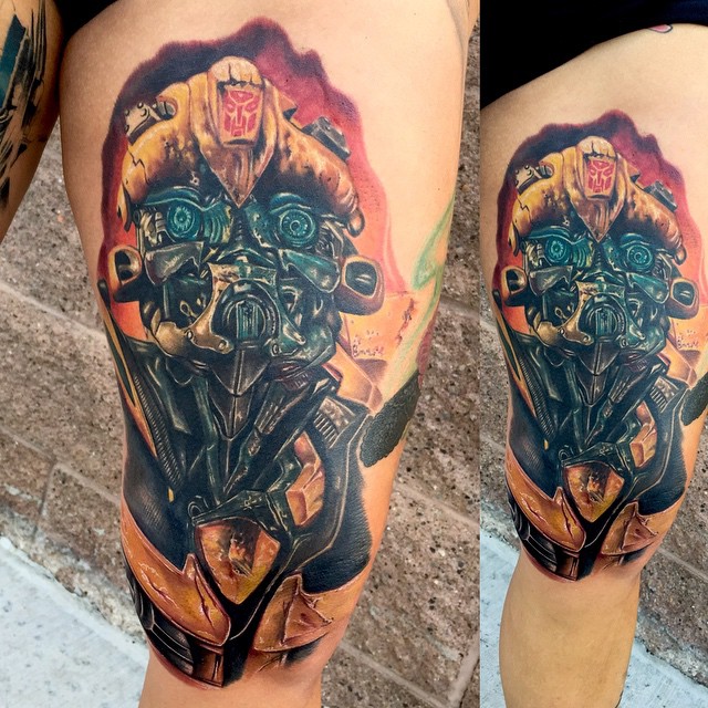 Realistic Thigh Bumblebee Transformers tattoo