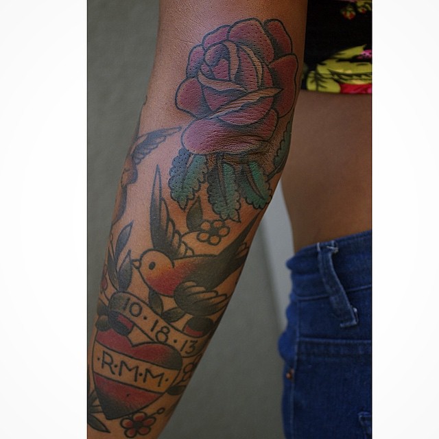 Rose and Swallow Elbow tattoo