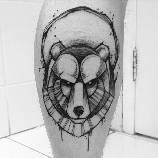 Angry Graphic Bear Tattoo on Calf