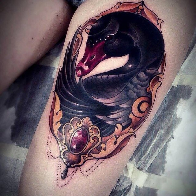 Baroque Black Swan Tattoo on Thigh