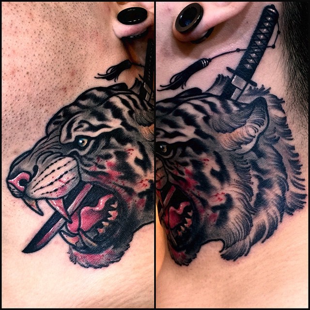 Blood Stabber Tiger Tattoo on Neck