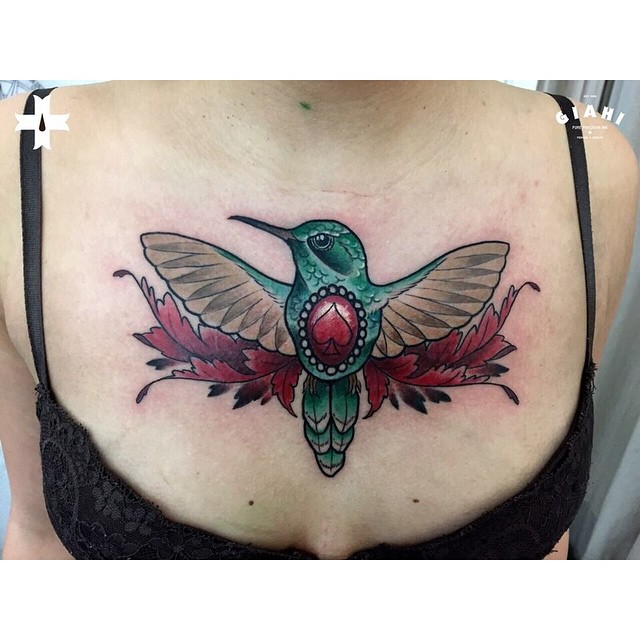 Chest Humming Bird tattoo for Girl