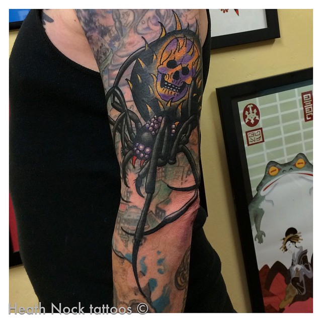 Fire Skull Spider Tattoo on Arm