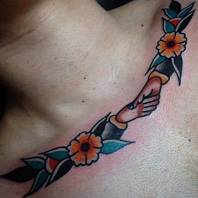 Hand Shake Necklace Flowers Collar Bone Tattoo