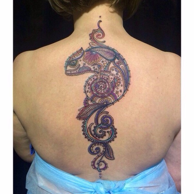 Mehendi Rainbow Chameleon Tattoo on Spine