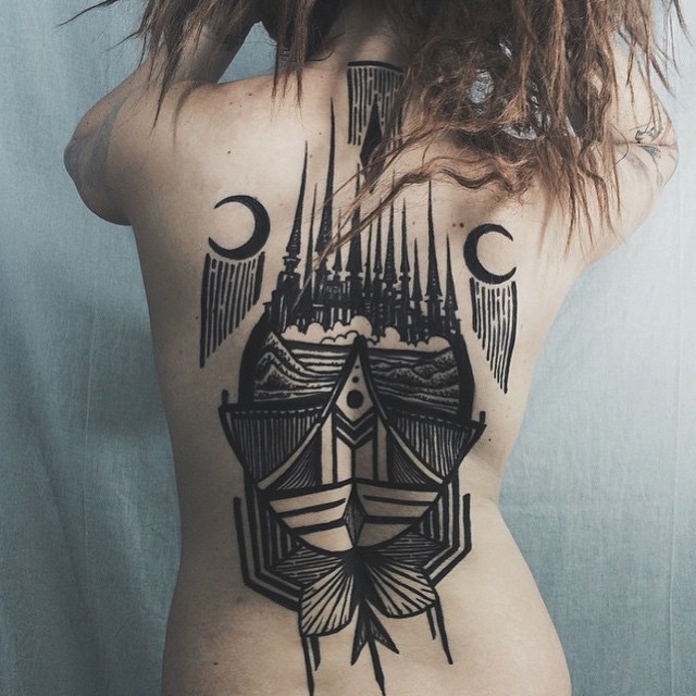 Moon Witch Castle Tattoo on Back