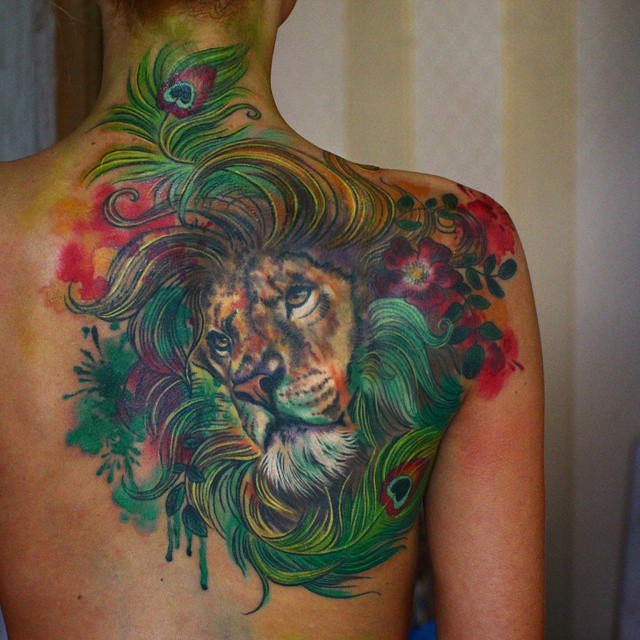 Peacock Feather Lion Tattoo
