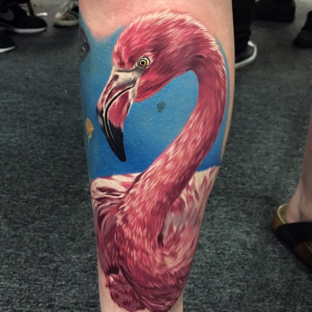 Realistic Pink Flamingo Tattoo on Shin