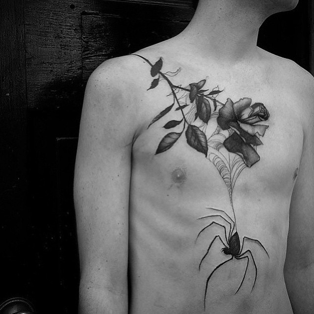 Rose and Spider Tattoo on Chest
