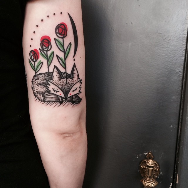 Sleeping Fox Roses Tattoo on Arm