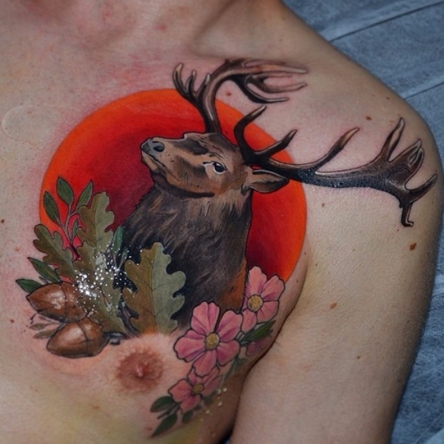 Sunset Stag Chest Tattoo