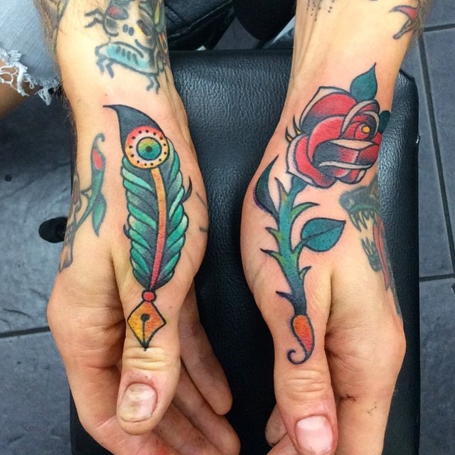 Traditional Quill and Rose Tattoos on Hands