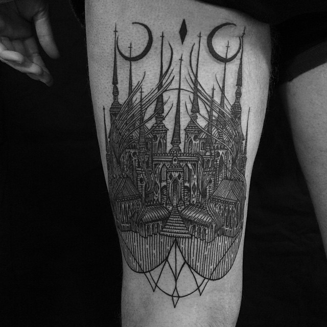 Two Moon Dark Castle Tattoo on Thigh