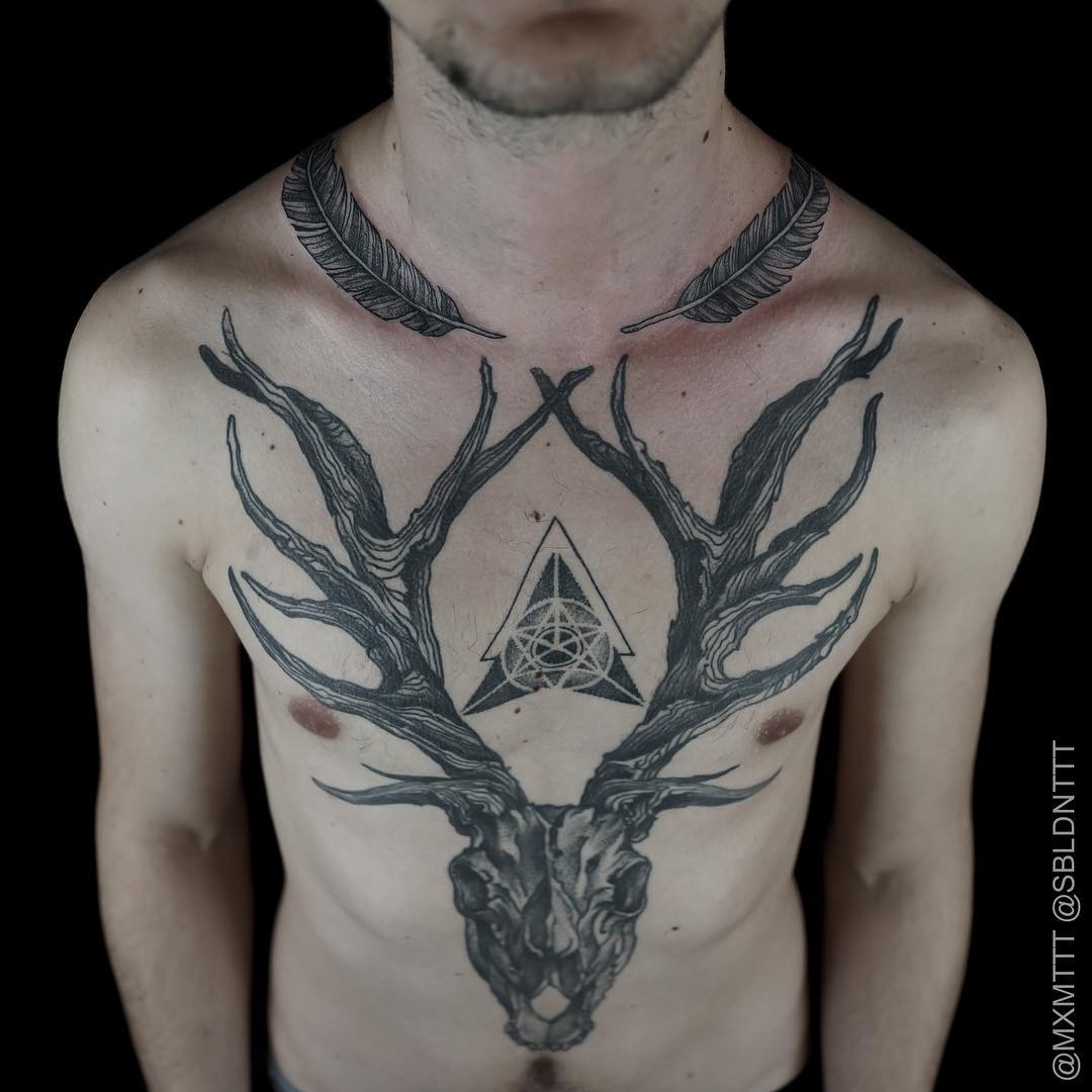 Amazing Graphic Antlers Body Tattoo