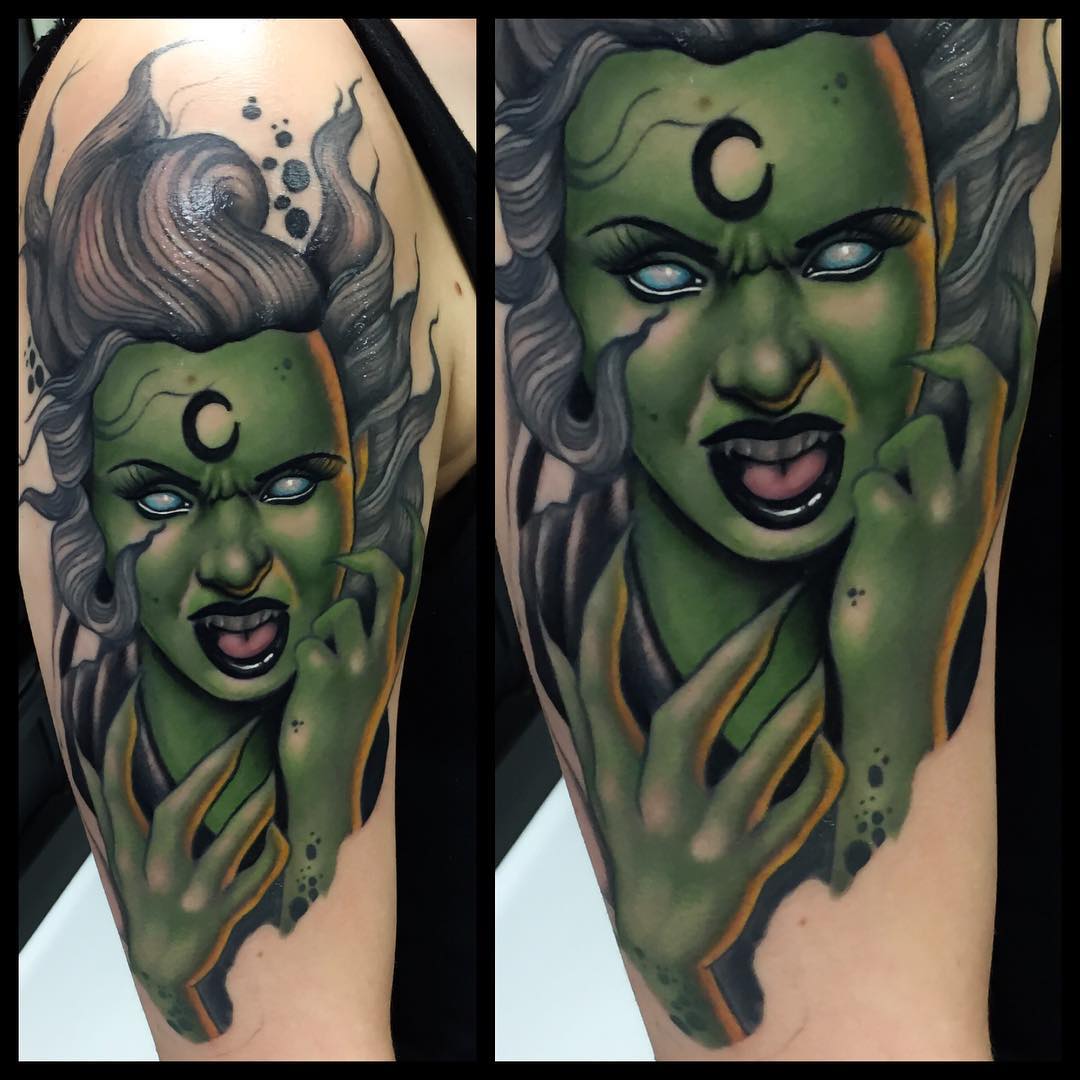 Green Witch Tattoo on Shoulder