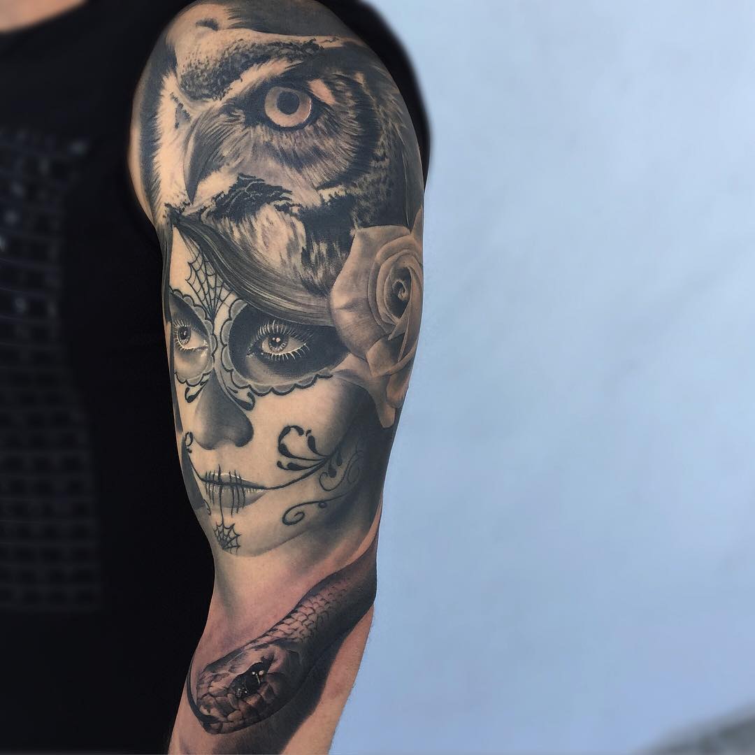 Owl Hat Santa Muerte Girl Tattoo Sleeve