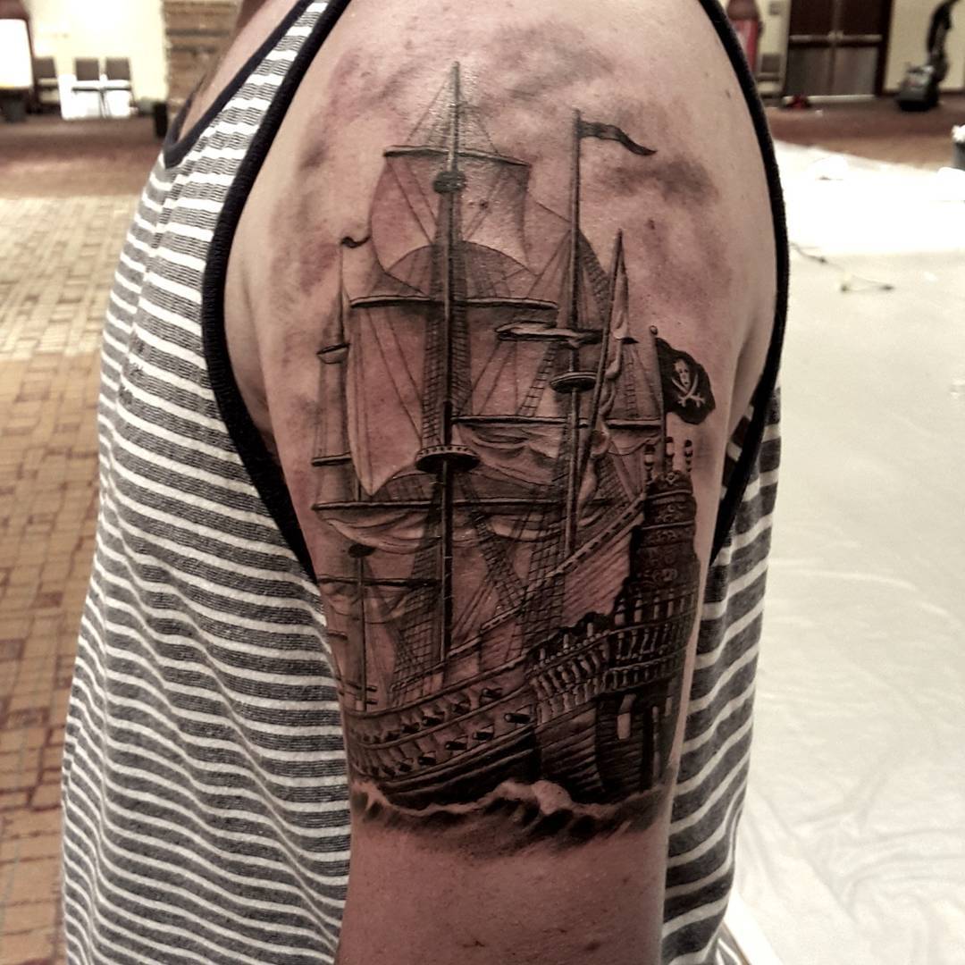 Realistic Pirate Ship Tattoo on Shoulder