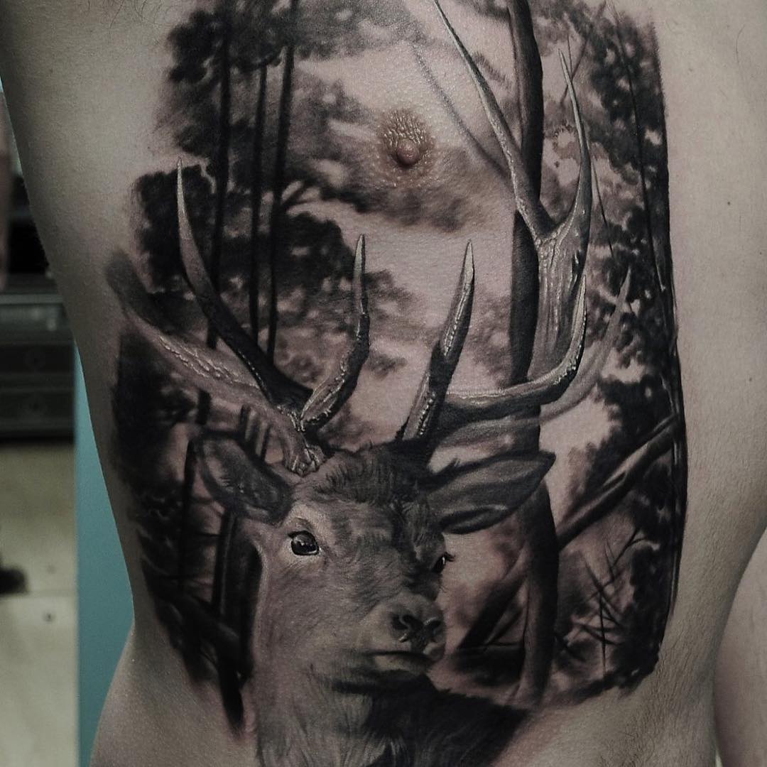 Realistic Stag Tattoo on Body