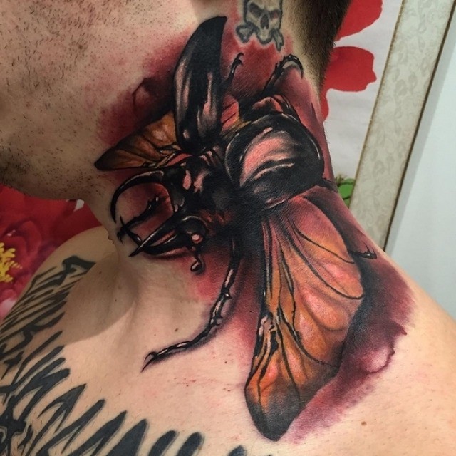 Rhinoceros Beetle Tattoo on Neck