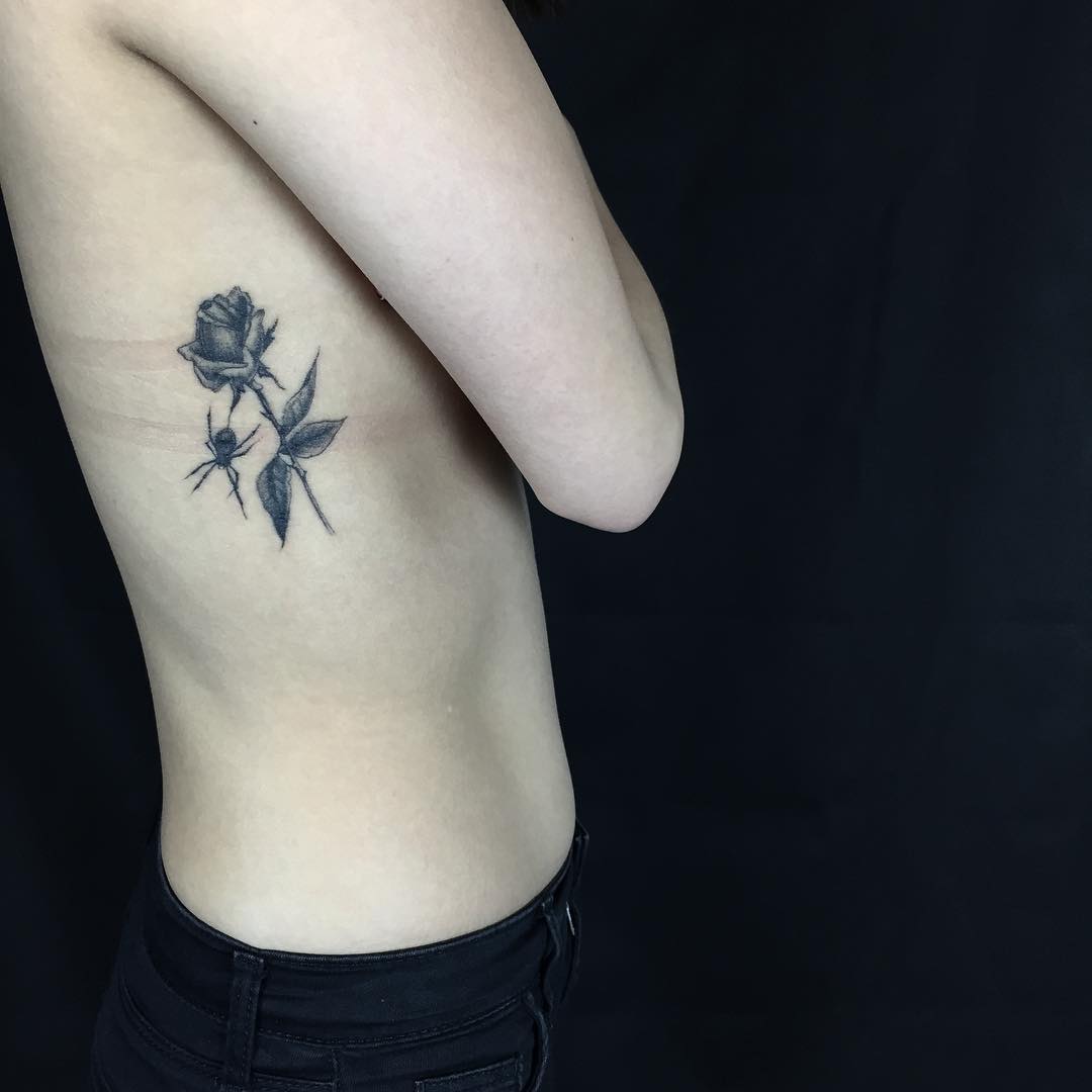 Spider Rose Tattoo on Ribs