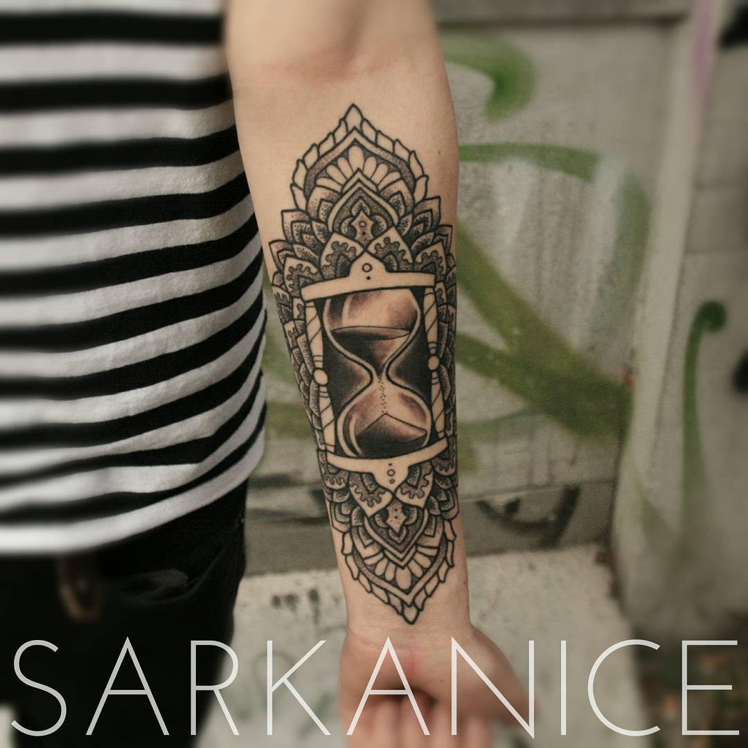 Black and Grey Hourglass Tattoo