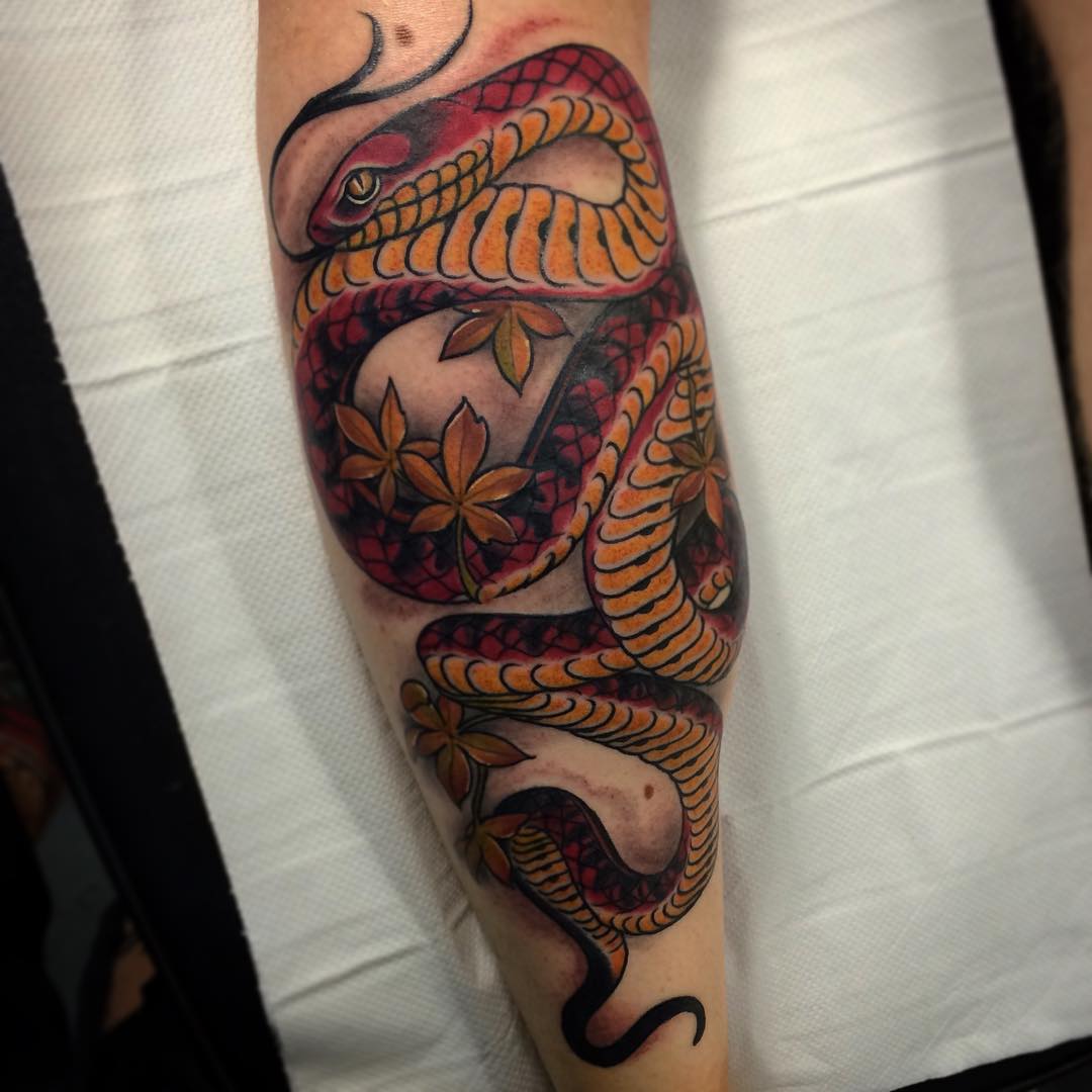 Calf Red Snake Tattoo