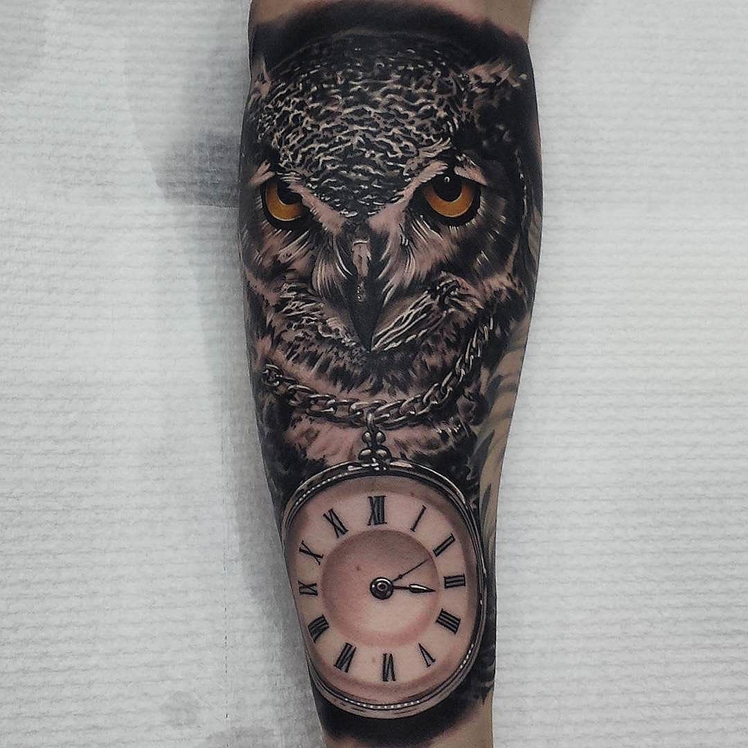 Clock on Chain Owl Tattoo on Forearm Tattoo