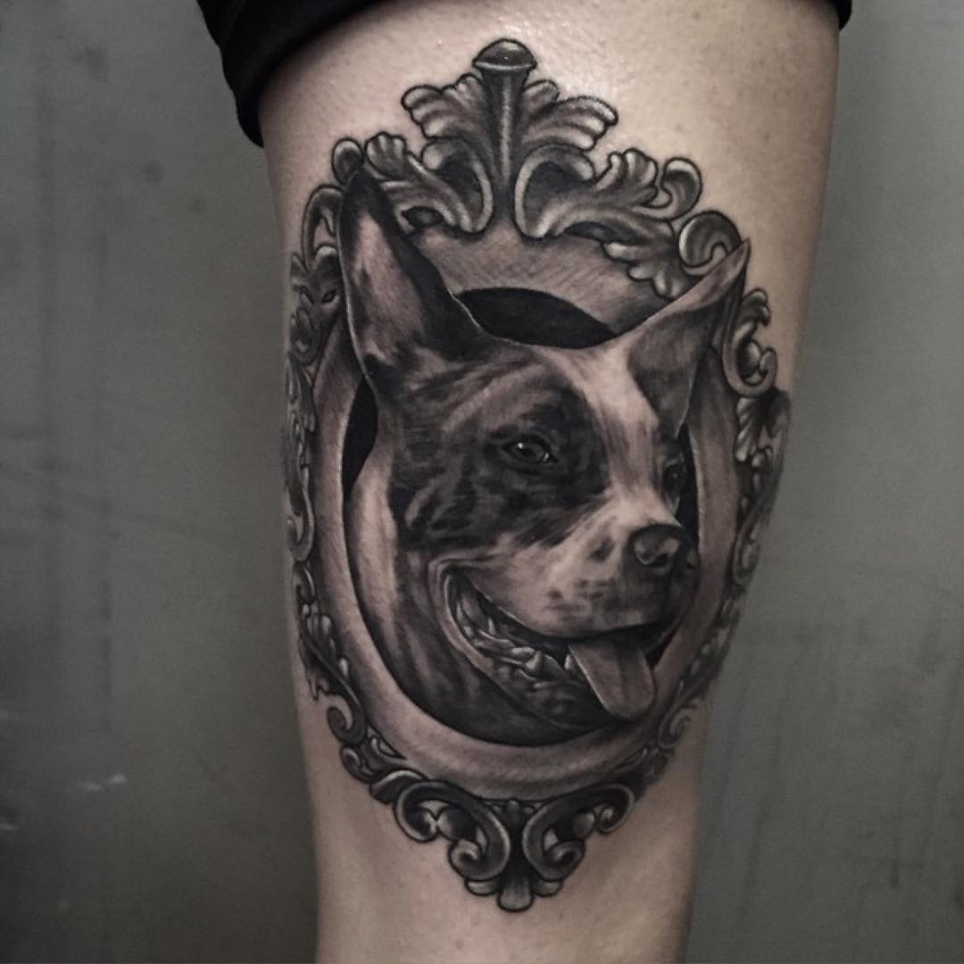 Framed Dog Tattoo on Thigh