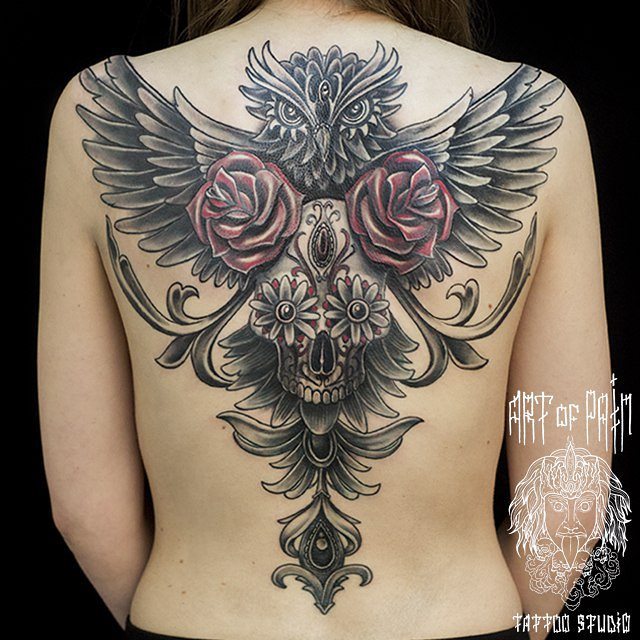 Full Back Owl Roses Skull Tattoo