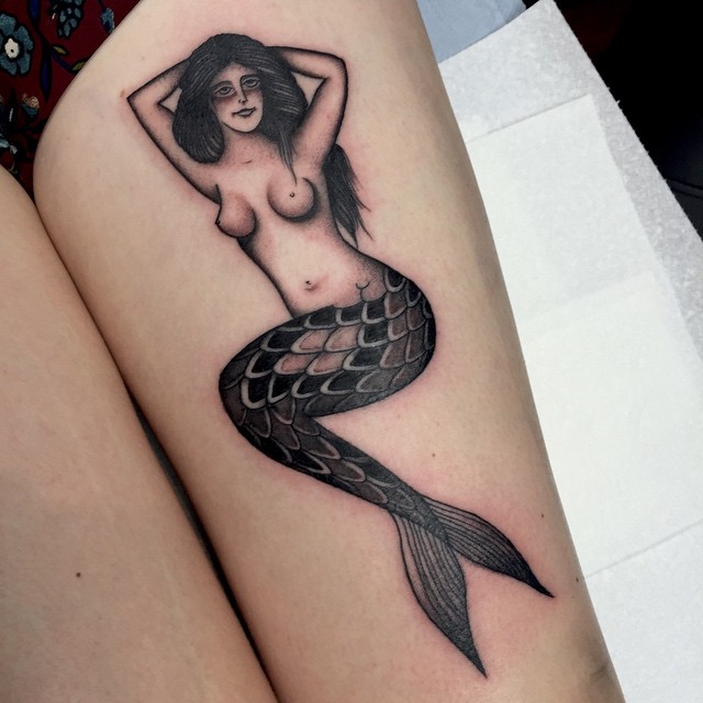 Graphic Mermaid Tattoo on Thigh