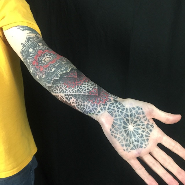 Hand and Half Sleeve Dotwork Tattoo