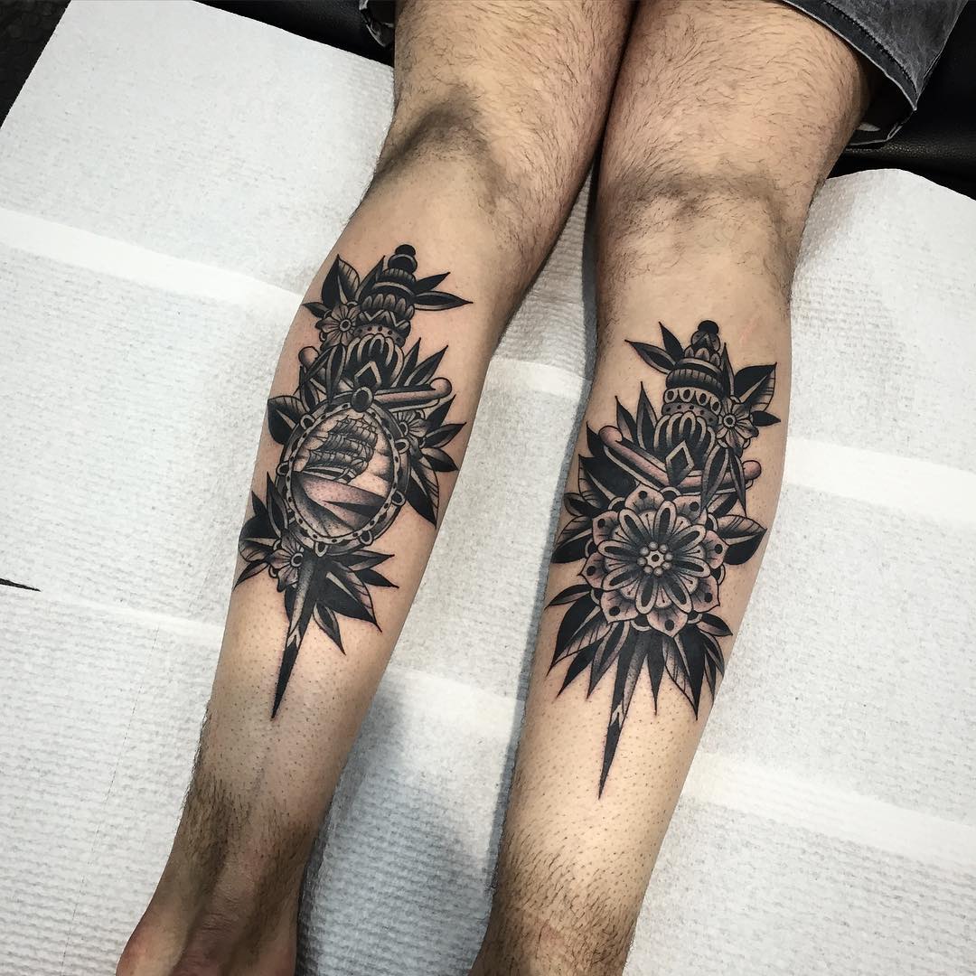 Pair Baroque Tattoos on Calfs