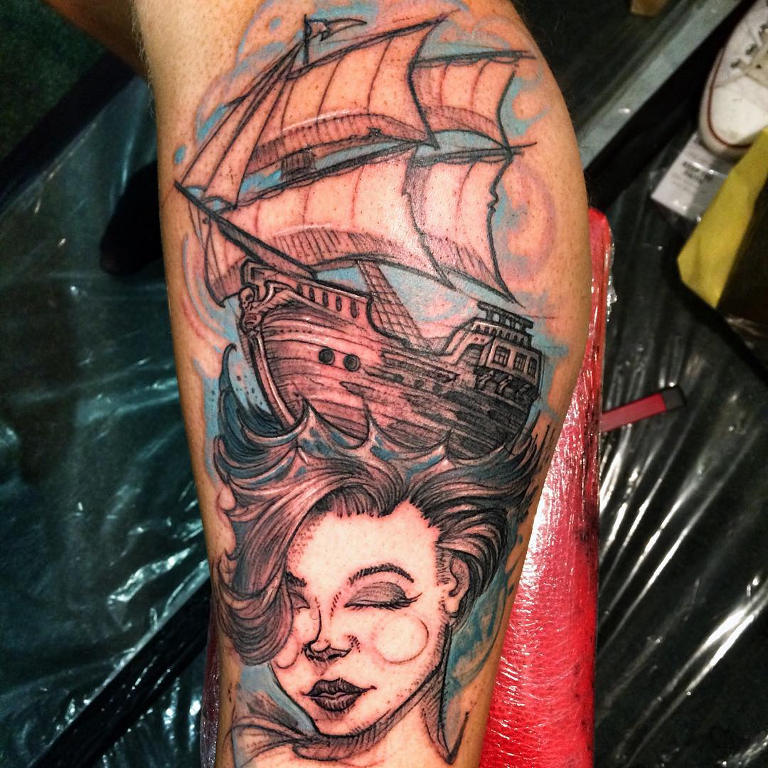 Ship on Girl Head Tattoo