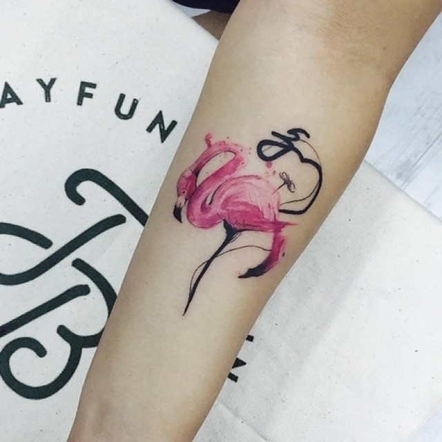 Small Watercolor Flamingo Tattoo