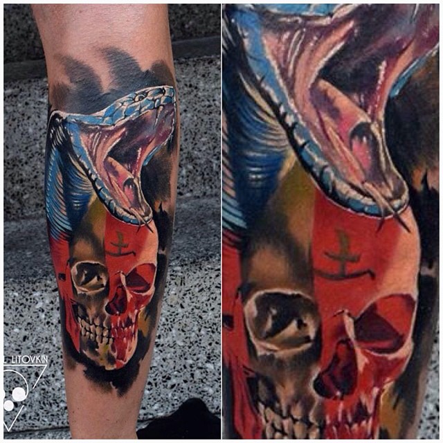 Snake and Skull Leg Tattoo