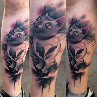 Violet Cat Tattoo on Leg | Best Tattoo Ideas Gallery