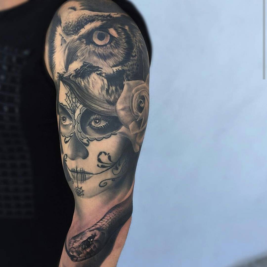 Catrina Owl and Snake Tattoo